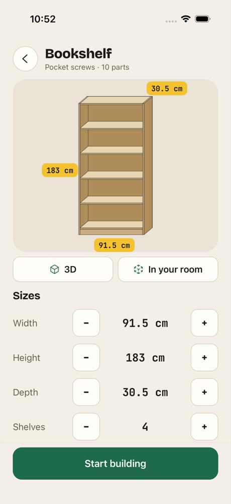 A bookshelf plan in Plankly: a drawing with sizes on yellow tape labels, and width, height, depth and shelves you can change